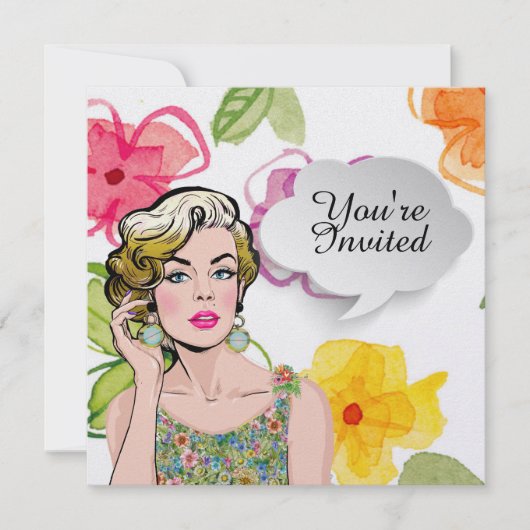#2 Sophisticated Pop Art Lady Floral Invitation Kaart (Voorkant)