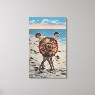 2 Sunbathing Women & Asian Umbrella, Florida Canvas Afdruk