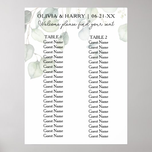 2 Tafel Waterverf Ecalyptus Bruiloft Zetel Grafiek Poster (Voorkant)