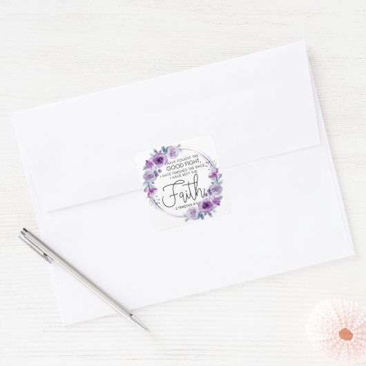 2 Timotheüs 4:7 Ik heb het geloof Paarse Bloem geh Vierkante Sticker (Envelop)