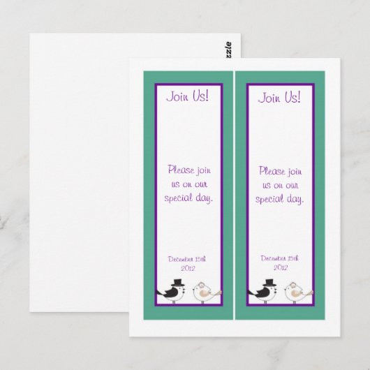 2 Tortelduifjes Blauwgroen/Paarse Bruiloft Bladwij Briefkaart (Voorkant / Achterkant)