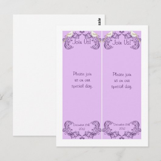 2 Tortelduifjes Paarse/Lavendel Bruiloft Bladwijze Briefkaart (Voorkant / Achterkant)