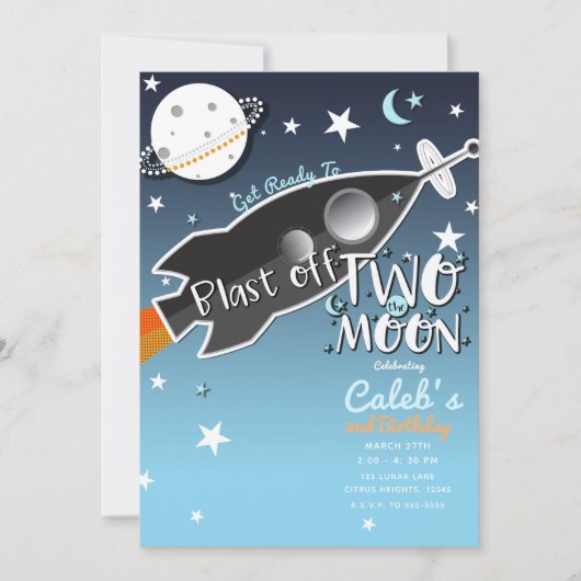 2 Twee De Maan Rocket Ship Space Verjaardagsfeest Kaart (Voorkant)
