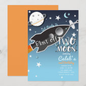 2 Twee De Maan Rocket Ship Space Verjaardagsfeest Kaart (Voorkant / Achterkant)