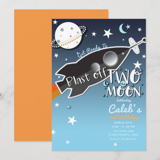 2 Twee De Maan Rocket Ship Space Verjaardagsfeest Kaart (Voorkant / Achterkant)