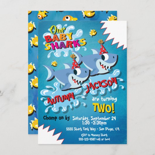 2 uitnodiging van Sharks Baby Birthday Party (Voorkant / Achterkant)