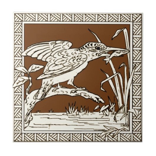 #2 van 12 Repro 1880s Minton Mocha Bird Series Tegeltje (Voorkant)