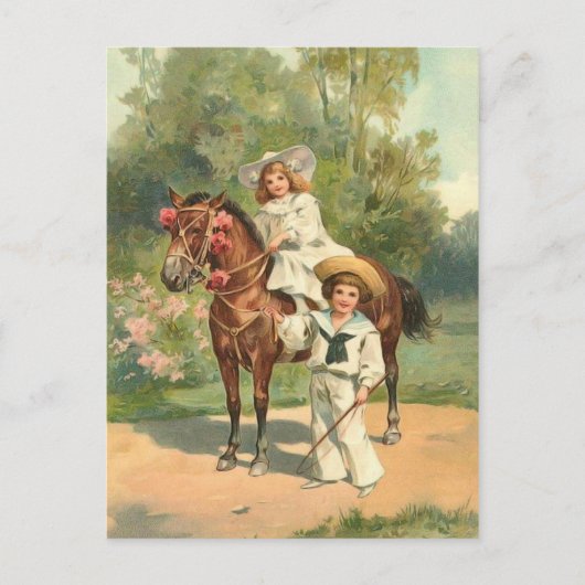 2 Victoriaans kinderen op  Briefkaart bij paarden (Voorkant)