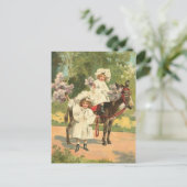 2 Victoriaans meisjes op het  Briefkaart van paard (Staand voorkant)