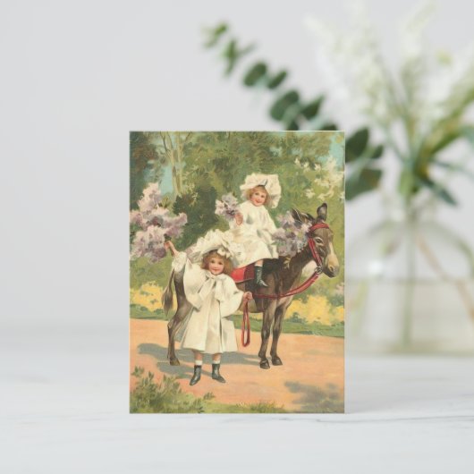 2 Victoriaans meisjes op het  Briefkaart van paard (Staand voorkant)