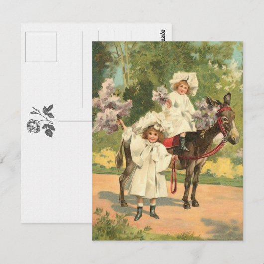 2 Victoriaans meisjes op het  Briefkaart van paard (Voorkant / Achterkant)