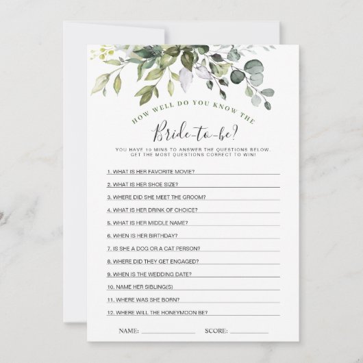 2 Vrijgezellenfeest Spelletjes Elegante Eucalyptus Kaart (Voorkant)