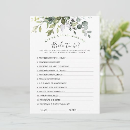 2 Vrijgezellenfeest Spelletjes Elegante Eucalyptus Kaart (Staand voorkant)