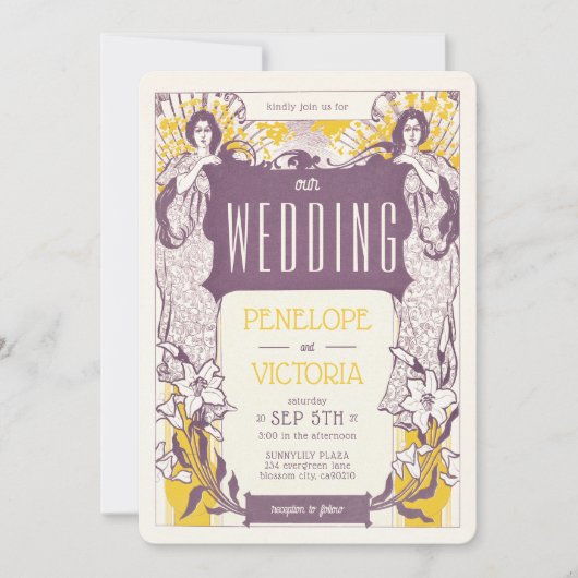 2 Vrouwen en Lelies Letterpress Stijl Trouwen Kaart (Voorkant)