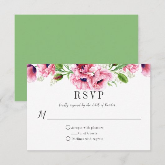 #2 Waterverf Roze papaver Greenery RSVP Kaartje (Voorkant / Achterkant)