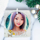 2 winterfoto's Woodland sneeuwlandschap met konijn Metalen Ornament