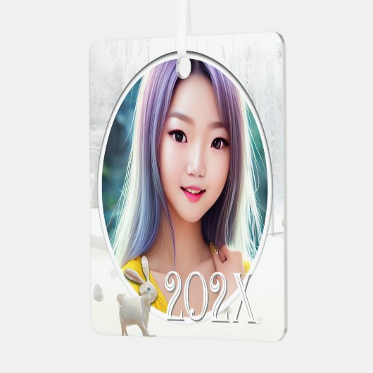 2 winterfoto's Woodland sneeuwlandschap met konijn Metalen Ornament (Voorkant links)