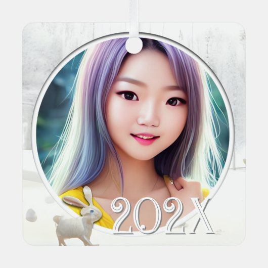 2 winterfoto's Woodland sneeuwlandschap met konijn Metalen Ornament (Voorkant)