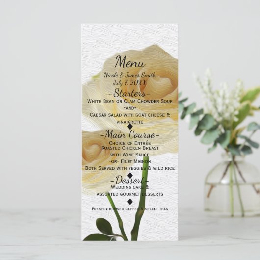 2 Wit geschilderde Rozen Elegant Bruiloft Menu Kaa (Staand voorkant)