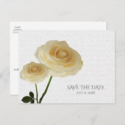 2 witte gekleurde Rozen legant sparen de Datum Aankondigingskaart (Voorkant / Achterkant)