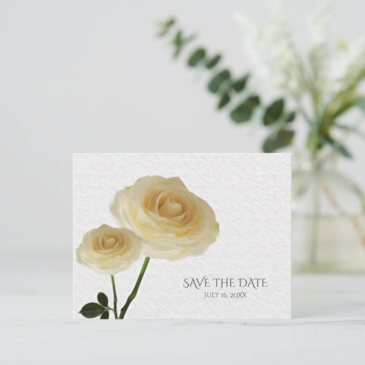 2 witte gekleurde Rozen legant sparen de Datum Aankondigingskaart (Staand voorkant)