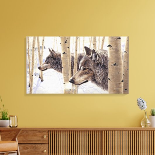 2 wolven tussen espenbomen, acrylschilderij canvas afdruk (Insitu (Woonkamer))