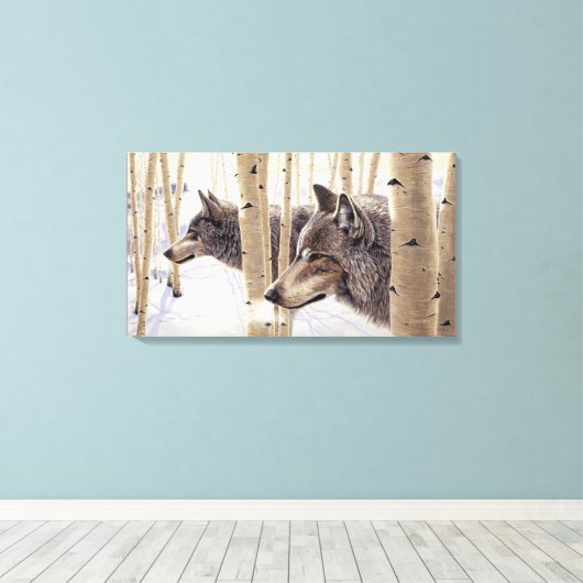 2 wolven tussen espenbomen, acrylschilderij canvas afdruk (Insitu (Houten vloer))