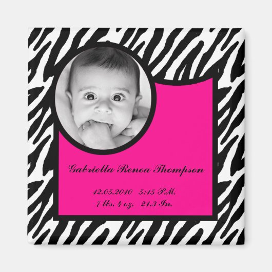 2 "x2" Geboorte Aankondiging Magneet Heet Roze Zeb (Voorkant)