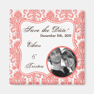2 "x2" Save the Date Magnet Coral White Damask Lac