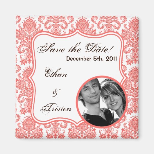 2 "x2" Save the Date Magnet Coral White Damask Lac (Voorkant)