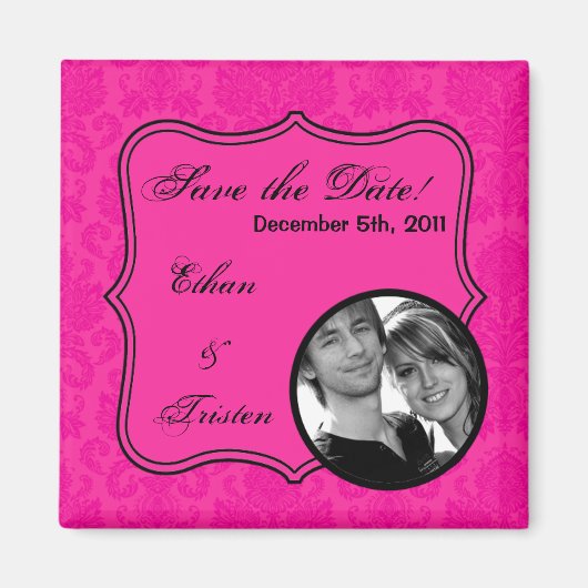 2 "x2" Save the Date Magnet Hot Pink Damask Lace (Voorkant)