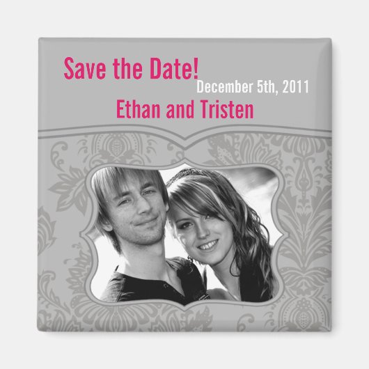 2"x2" Save the Date Magnet Modern Grey Damask Lace (Voorkant)