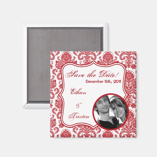 2"x2" Sparen de Datum Magnet Red White Damask Lace (Voorkant / Achterkant)