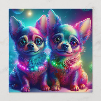 2 Young Chihuahua Pups In Colorful Christmas Scene Kaart