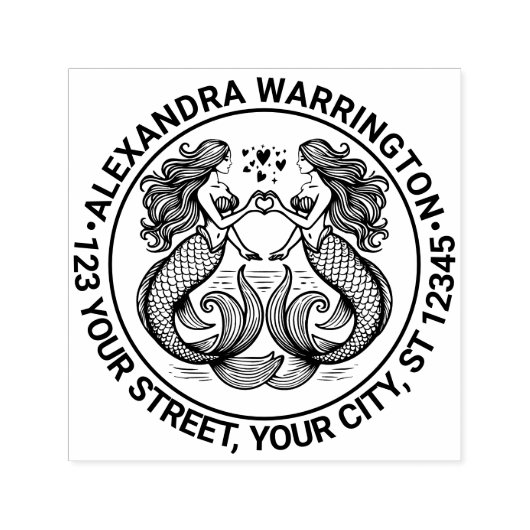 2 Zeemeerminnen maken hart teken naam terug adres Zelfinktende Stempel (Design)