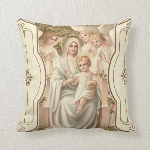 2 ZIJDE Madonna met Child Jesus Angels Flowers Kussen