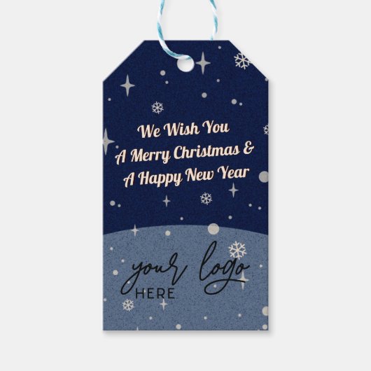 2 zijden Bedrijfs Logo en QR code Blauwe Kerstmis Cadeaulabel (Voorkant)