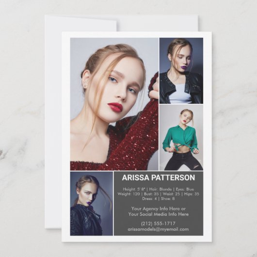 2-zijdig 5-fotomodel Actor 5x7 Comp/Zed Kaart (Achterkant)