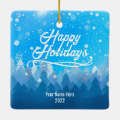 2-zijdig aangepast blauw sneeuw en bosrijke kerst keramisch ornament (Achterkant)