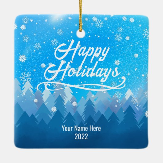 2-zijdig aangepast blauw sneeuw en bosrijke kerst keramisch ornament (Achterkant)