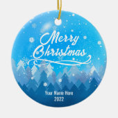 2-zijdig aangepast blauw sneeuw en bosrijke kerst keramisch ornament (Voorkant)