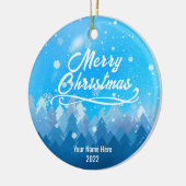 2-zijdig aangepast blauw sneeuw en bosrijke kerst keramisch ornament (Links)