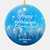 2-zijdig aangepast blauw sneeuw en bosrijke kerst keramisch ornament (Achterkant)