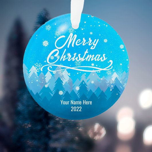 2-zijdig aangepast blauw sneeuw en bosrijke kerst ornament