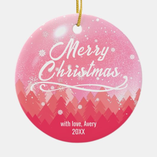 2-zijdig aangepast roze sneeuw en bosrijke kerst keramisch ornament (Voorkant)