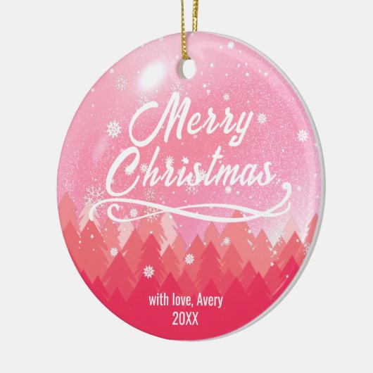 2-zijdig aangepast roze sneeuw en bosrijke kerst keramisch ornament (Links)