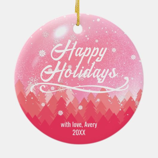 2-zijdig aangepast roze sneeuw en bosrijke kerst keramisch ornament (Achterkant)