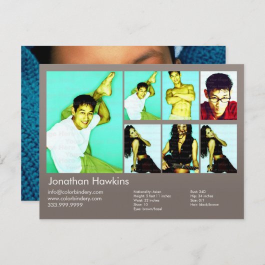 2-zijdig actor en model, armgrijs headshot Comp Briefkaart (Voorkant / Achterkant)