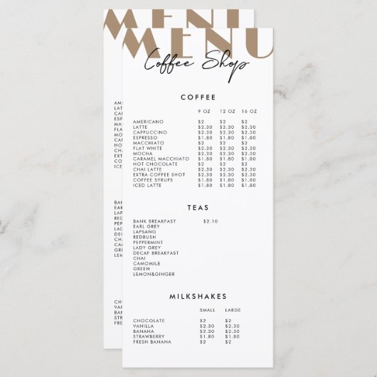 2-zijdig modern minimalistisch koffie shop menu (Voorkant / Achterkant)