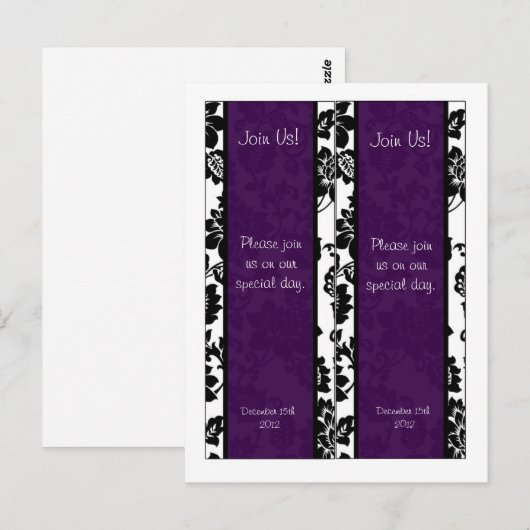 2 Zwart/Paarse Bloemen Damask bruiloft Bladwijzer Briefkaart (Voorkant / Achterkant)